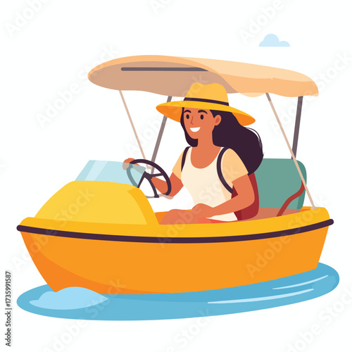 A woman with a hat smiles while steering a yellow motorboat on blue water, enjoying a sunny day.