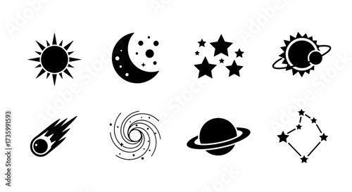 Celestial Vector Icons Sun, Moon, Stars, Planets, and Comet