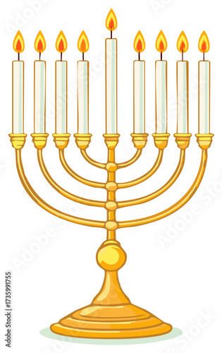Hanukkah menorah illustration with burning candles, golden candelabra, traditional symbol