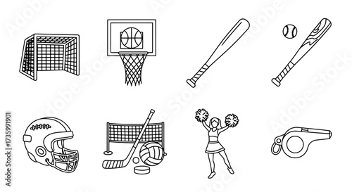 Sports equipment and elements line art icon set