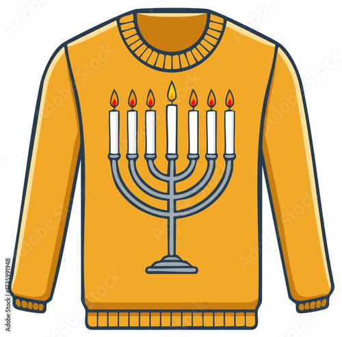Yellow sweater decorated with a menorah and burning candles festive Hanukkah design
