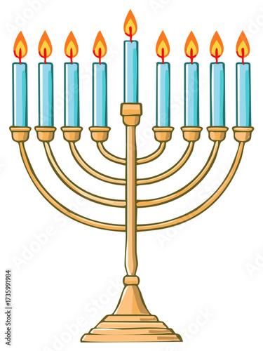 Cartoon Menorah with Eight Burning Blue Candles and One Unlit Shamash
