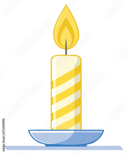 Burning candle with yellow and white stripes and glowing flame against white background