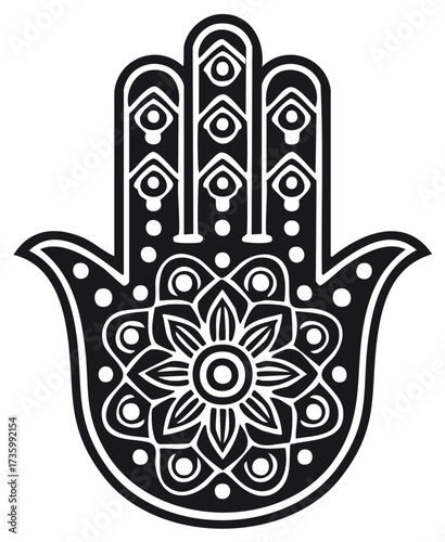 Ornamental Hamsa Hand with Evil Eye Motif and Floral Mandala Design