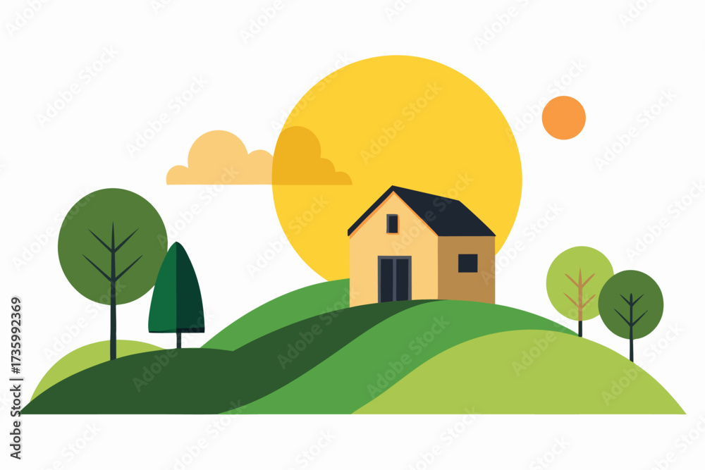Fototapeta premium Minimalist Landscape Illustration House on a Hill with Trees, Sun, and Clouds
