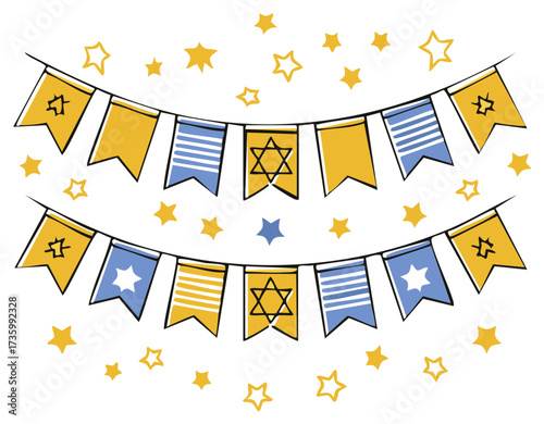 Vibrant blue and yellow Jewish celebration bunting banner with Stars of David and festive patterned flags