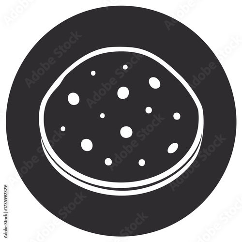 Simple icon of a round food item with scattered white dots inside a dark circle