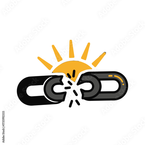 Broken chain link with sun rising behind it, symbolizing freedom and overcoming obstacles