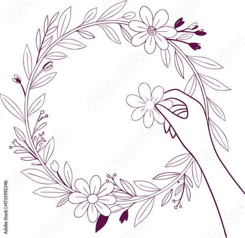 Hand-drawn floral wreath illustration with delicate flowers and leaves, featuring a hand placing a blossom. Elegant botanical vector for decor, invitations, and patterns. Minimal line art design.