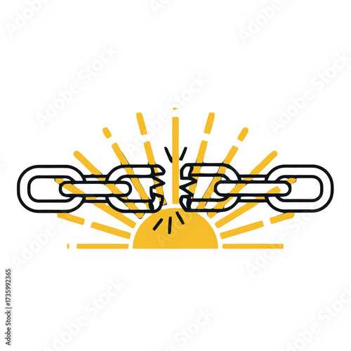 Broken chain link with rising sun graphic behind it, symbolizing freedom, breaking free, overcoming obstacles, and new beginnings