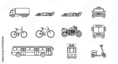 Variety of Transportation Icons Cars, Buses, Bikes, and More