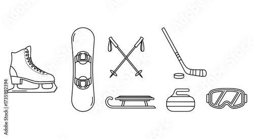 Outline Vector Set of Winter Sports Equipment and Activities