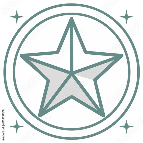 Star badge graphic with sparkling elements and circular border