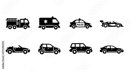Collection of Emergency and Everyday Vehicles in Silhouette Style