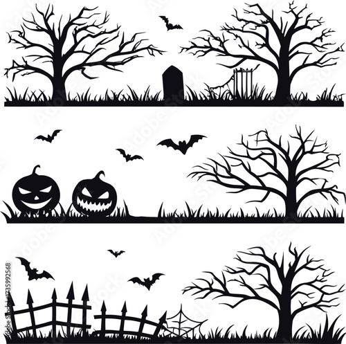 Halloween silhouette border set with spooky trees, pumpkins, bats, and graveyard scenes. Scary black vector decoration perfect for party invitations and horror designs. Creepy landscape illustration f