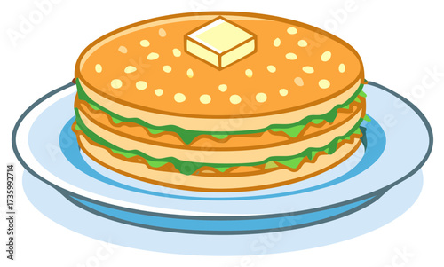 Stylized illustration of a stacked burger with lettuce and a square of butter on a plate