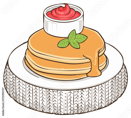 Stack of pancakes with sauce, a small bowl of pink sauce, and mint leaves