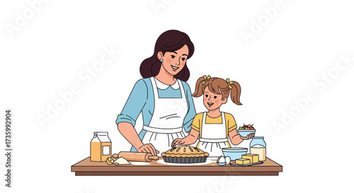 Mother and daughter happily baking a pie together in the kitchen.