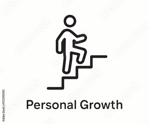 A simple black line icon illustrating the concept of personal growth, showing a figure ascending a staircase towards improvement and success.
