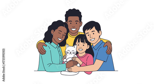 Happy Diverse Family Embracing Cute White Cat Illustration.