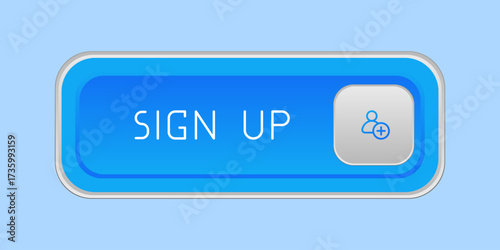 Modern blue rounded CTA button with shine, "Sign up" text, user icon, 3D effect, web UI element for landing pages, mobile apps or banners.