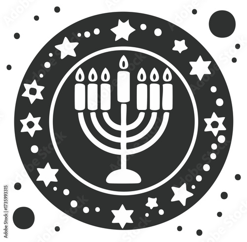 Festive menorah with candles, Hanukkah holiday graphic celebration art, black, gray and white design