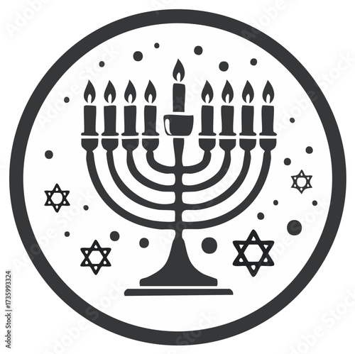 Hanukkah menorah with lit candles and Stars of David in a circular icon for the Jewish holiday