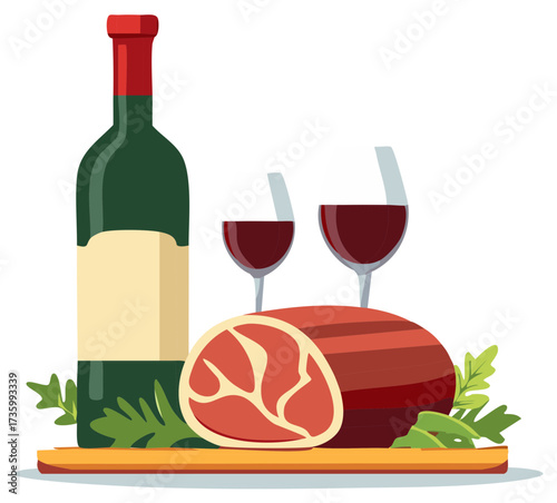 Elegant Dinner Illustration with Red Wine Bottle, Glasses, Roast Meat, and Fresh Garnish on Wooden Board