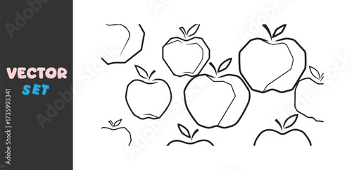 Hand drawn abstract sketch of various apples with stems and leaves