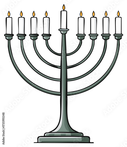 Cartoon illustration of Hanukkah menorah with lit candles, Jewish holiday symbol.