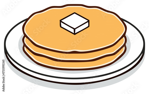 Stack of pancakes with butter on a white plate, breakfast illustration.