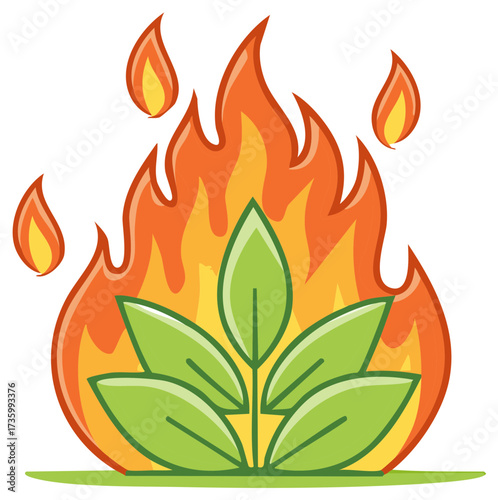 Green Plant Consumed by Vibrant Orange Flames and Sparks