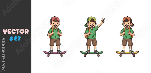 Three happy cartoon children on skateboards with thumbs up and peace signs
