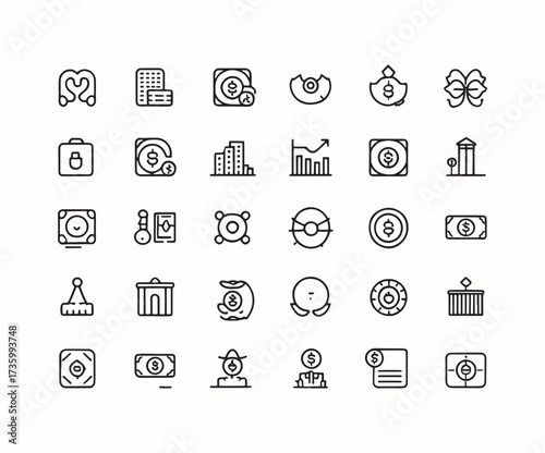 A collection of thin line icons representing business, finance, and board game elements.