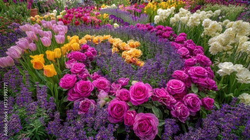 Vibrant Flower Garden with Colorful Tulips, Roses and Lavender Creating a Stunning Floral Display in Full Bloom Under Bright Sunlight