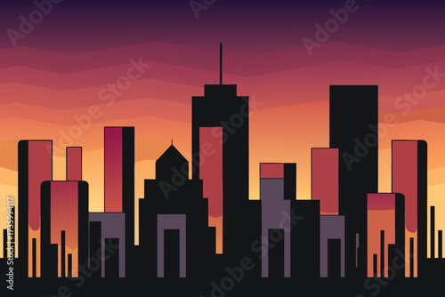 Modern Cityscape Silhouette Against a Vibrant Sunset Sky, Architectural Art Design Graphic