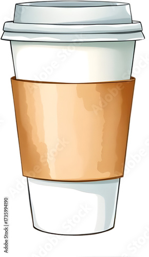 Disposable Coffee Cup with Lid and Cardboard Sleeve on Transparent Background