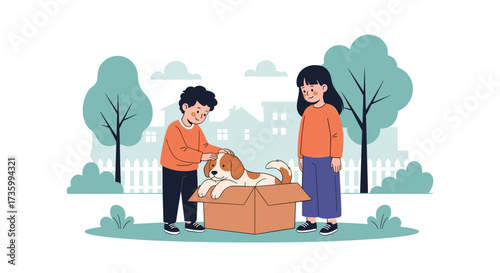 Two children carefully place a happy dog in a cardboard box for adoption.