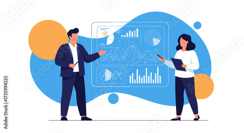 Two business professionals presenting data visualizations on a digital screen.