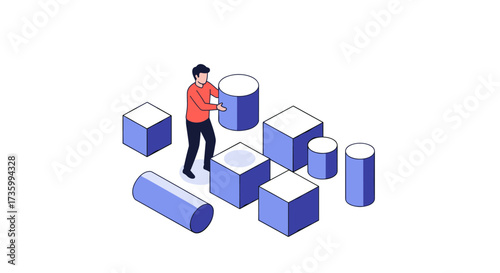 A person places cylinders and cubes to build a geometric structure.
