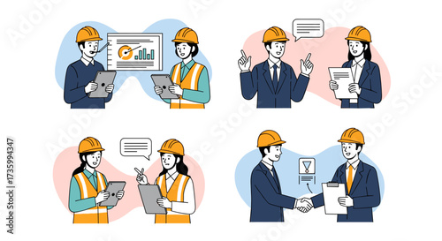 Construction professionals collaborating and discussing project plans with digital tablets and charts.