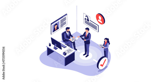 A business team is conducting a job interview in a modern office environment.