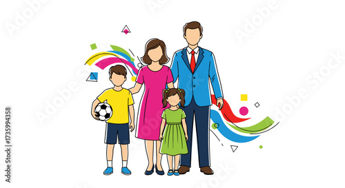 A happy and vibrant illustration of a modern family with two children playing outdoors.