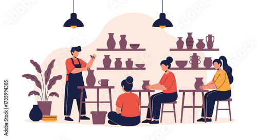 People learning pottery in a brightly lit studio with shelves of finished ceramic pieces.