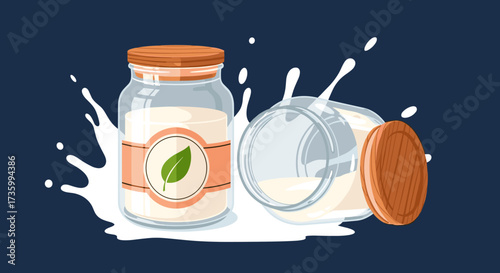 Two glass jars with creamy white contents and one knocked over spilling milk onto a dark blue background with white splashes.
