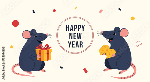 Happy new year cute rats with gifts and cheese celebration.