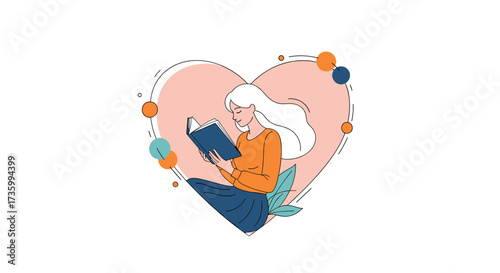 A woman happily reading a book with a large heart and some decorative elements in the background.