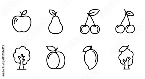 Fruit and Tree Line Icons Apple, Pear, Cherry, Mango, Plum, Tree