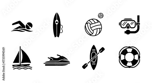 Water Sports Icons Swimming, Surfing, Volleyball, Diving, Sailing, Kayaking