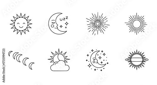 Celestial Sun and Moon Line Art Icons Mystic Stars, Galaxy, and Astrological Symbols